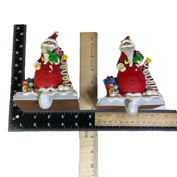 Vintage Cast Iron Stocking Holders Santa Clause Ribbon Candy Holiday Red 2 PC - Picture 2 of 15